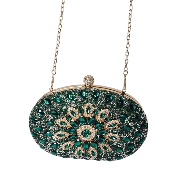Rhinestone Bejeweled Evening Clutch/Crossbody Bag in Green - Picture 5 of 10